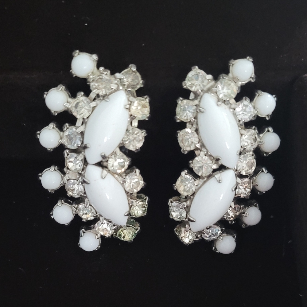 Vintage White Milk Glass and Rhinestone In Silver, Clip On Earrings